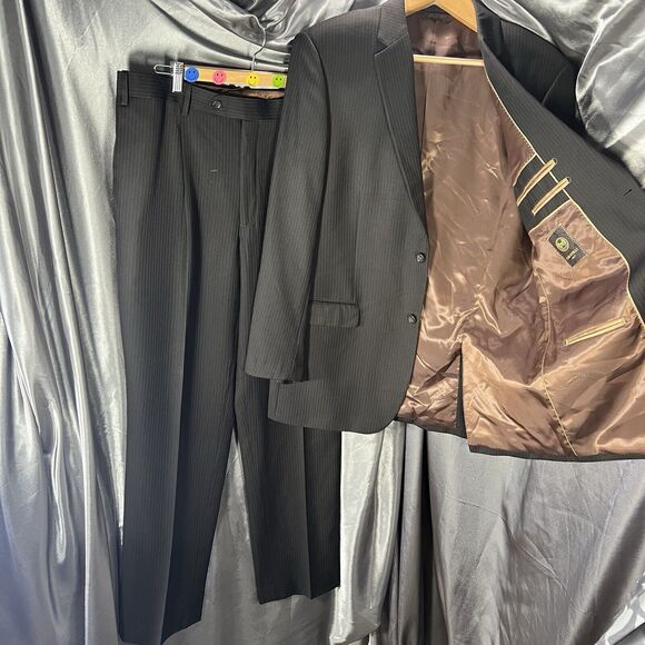 Caravelli 2-Pc Men's Suit Black Pin Superior 150s Blazer 44R Pants 38x44 FLAWS - Picture 1 of 16